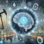 Futuristic digital representation of Artificial Intelligence (AI) in Saudi Arabia, featuring a glowing AI brain integrated with economic symbols such as oil rigs, financial charts, and digital data flow, symbolizing AI-driven economic transformation and technological innovation