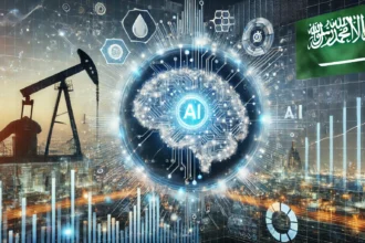 Futuristic digital representation of Artificial Intelligence (AI) in Saudi Arabia, featuring a glowing AI brain integrated with economic symbols such as oil rigs, financial charts, and digital data flow, symbolizing AI-driven economic transformation and technological innovation