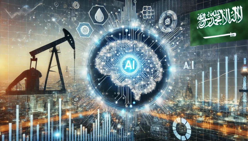 Futuristic digital representation of Artificial Intelligence (AI) in Saudi Arabia, featuring a glowing AI brain integrated with economic symbols such as oil rigs, financial charts, and digital data flow, symbolizing AI-driven economic transformation and technological innovation