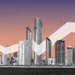 Modern Kuwait city skyline with skyscrapers and a rising financial graph symbolizing economic growth