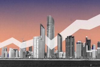 Modern Kuwait city skyline with skyscrapers and a rising financial graph symbolizing economic growth