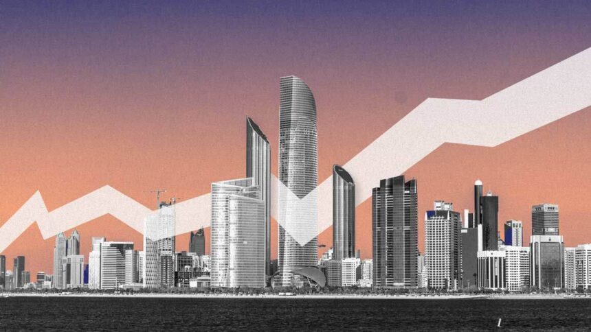 Modern Kuwait city skyline with skyscrapers and a rising financial graph symbolizing economic growth