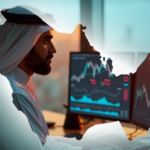 An Arab man in traditional attire working at a desk with multiple computer screens displaying stock market charts
