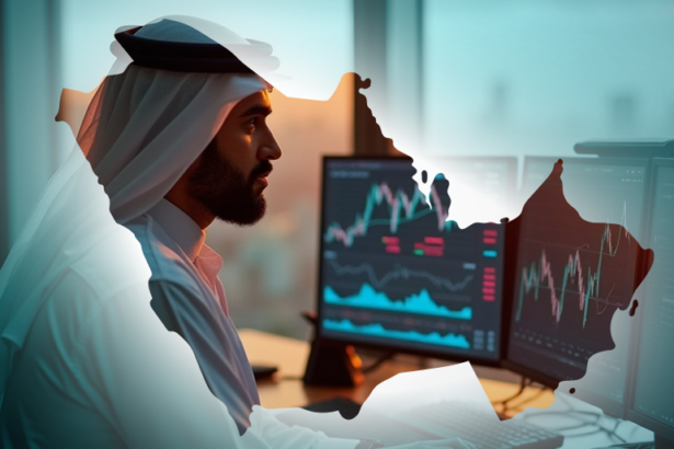 An Arab man in traditional attire working at a desk with multiple computer screens displaying stock market charts