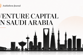 Editorial illustration showing Riyadh skyline and the title “Venture Capital in Saudi Arabia” for an Arabinform Journal article