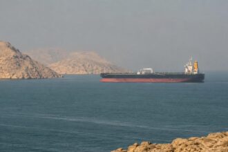Oil tanker sailing through the Strait of Hormuz near a rocky coastline