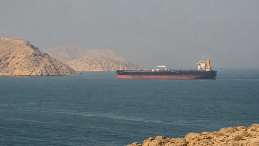Oil tanker sailing through the Strait of Hormuz near a rocky coastline