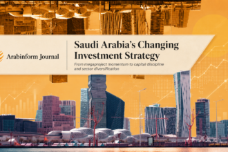 Saudi Arabia skyline with investment growth charts and Arabinform Journal banner for an article on the Kingdom’s changing investment strategy.
