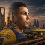 Composite illustration of a football star in an Al Nassr jersey against the Riyadh skyline, symbolizing Saudi Arabia’s growing global influence through football.