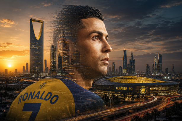 Composite illustration of a football star in an Al Nassr jersey against the Riyadh skyline, symbolizing Saudi Arabia’s growing global influence through football.