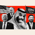 Editorial collage illustrating the Saudi–US nuclear deal, featuring Saudi and US leaders, nuclear facilities, national flags, and global geopolitical actors.
