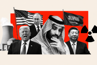 Editorial collage illustrating the Saudi–US nuclear deal, featuring Saudi and US leaders, nuclear facilities, national flags, and global geopolitical actors.