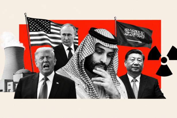Editorial collage illustrating the Saudi–US nuclear deal, featuring Saudi and US leaders, nuclear facilities, national flags, and global geopolitical actors.