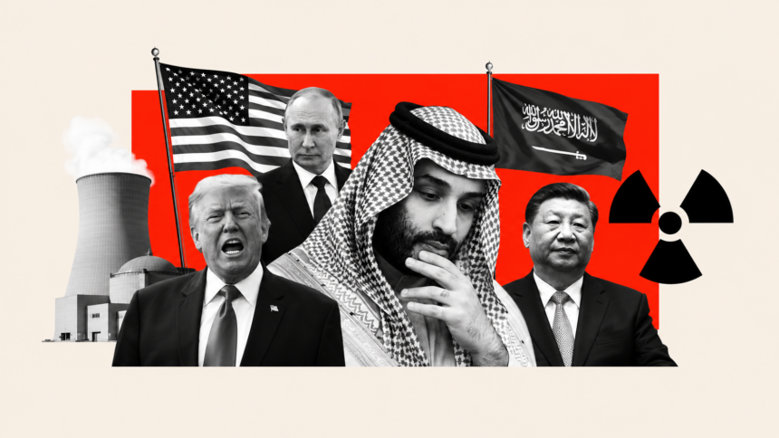 Editorial collage illustrating the Saudi–US nuclear deal, featuring Saudi and US leaders, nuclear facilities, national flags, and global geopolitical actors.