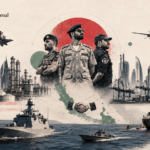 Illustration of Gulf security forces, naval patrols, drones, energy infrastructure and ports symbolizing the Gulf’s new security bargain