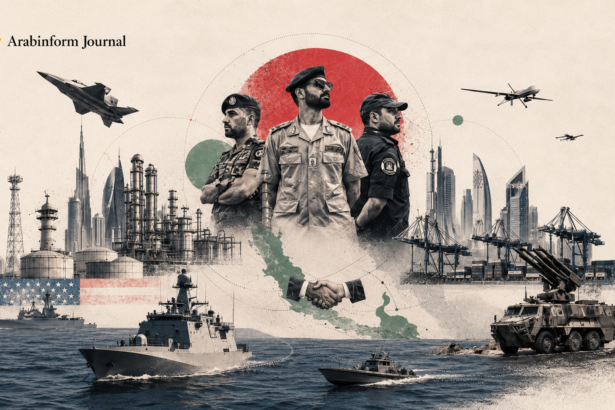 Illustration of Gulf security forces, naval patrols, drones, energy infrastructure and ports symbolizing the Gulf’s new security bargain