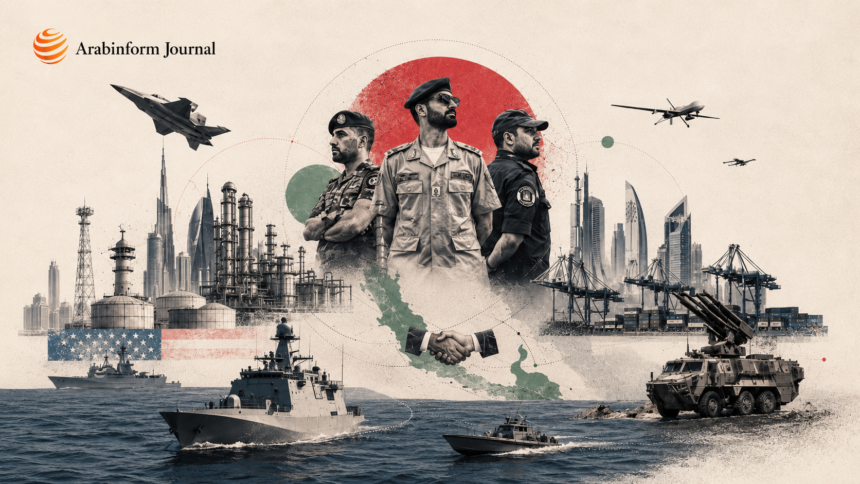 Illustration of Gulf security forces, naval patrols, drones, energy infrastructure and ports symbolizing the Gulf’s new security bargain