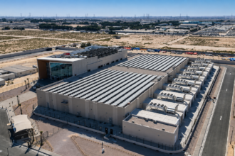 A large data center complex in the Gulf surrounded by desert infrastructure and power transmission lines