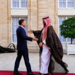 Saudi and French leaders greet each other during an official meeting in Paris