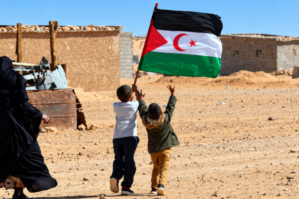 Two Sahrawi children carrying the Western Sahara flag in a desert settlement.