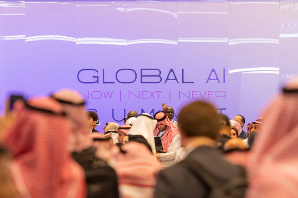 Attendees at the Global AI Summit in Riyadh, with SDAIA branding visible in the conference hall