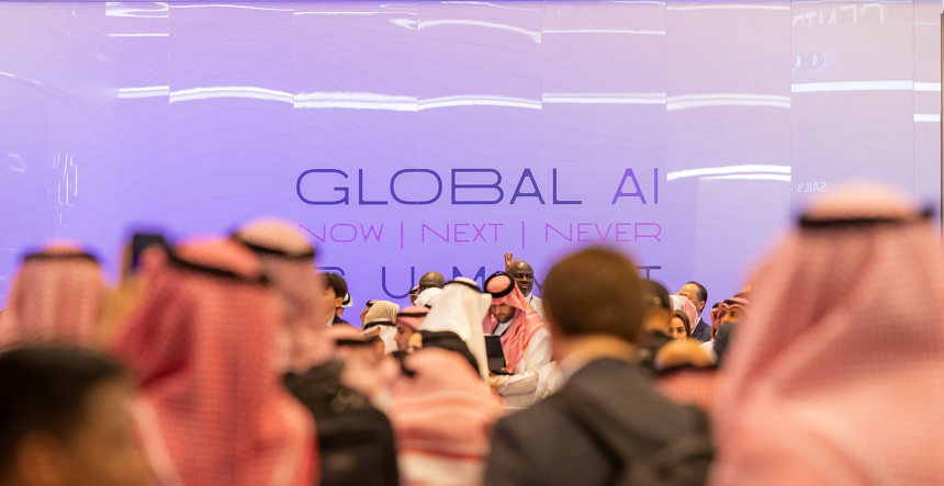 Attendees at the Global AI Summit in Riyadh, with SDAIA branding visible in the conference hall