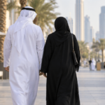 Arab couple in traditional attire walking together through a modern Middle Eastern city, seen from behind