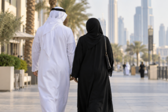 Arab couple in traditional attire walking together through a modern Middle Eastern city, seen from behind