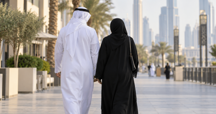 Arab couple in traditional attire walking together through a modern Middle Eastern city, seen from behind