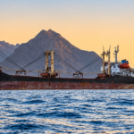 Cargo ship sailing near the Bab al-Mandab Strait between the Red Sea and Gulf of Aden