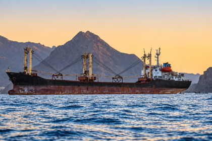 Cargo ship sailing near the Bab al-Mandab Strait between the Red Sea and Gulf of Aden