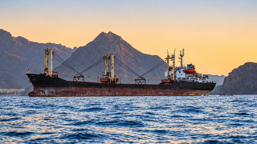 Cargo ship sailing near the Bab al-Mandab Strait between the Red Sea and Gulf of Aden