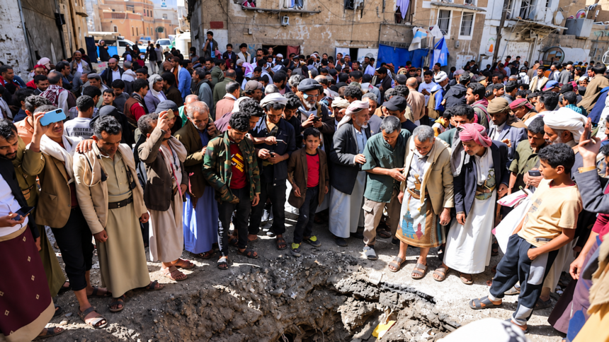 Residents gather around a large crater in a street in Sana’a, Yemen, following an attack